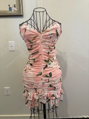 Pink Floral Ruched Mini Dress with Ruffle Hemline